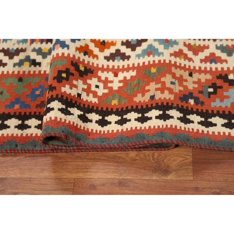 Vegetable Dye Striped Kilim Qashqai Persian Vintage Wool Carpet - 4'11"x 8'0"