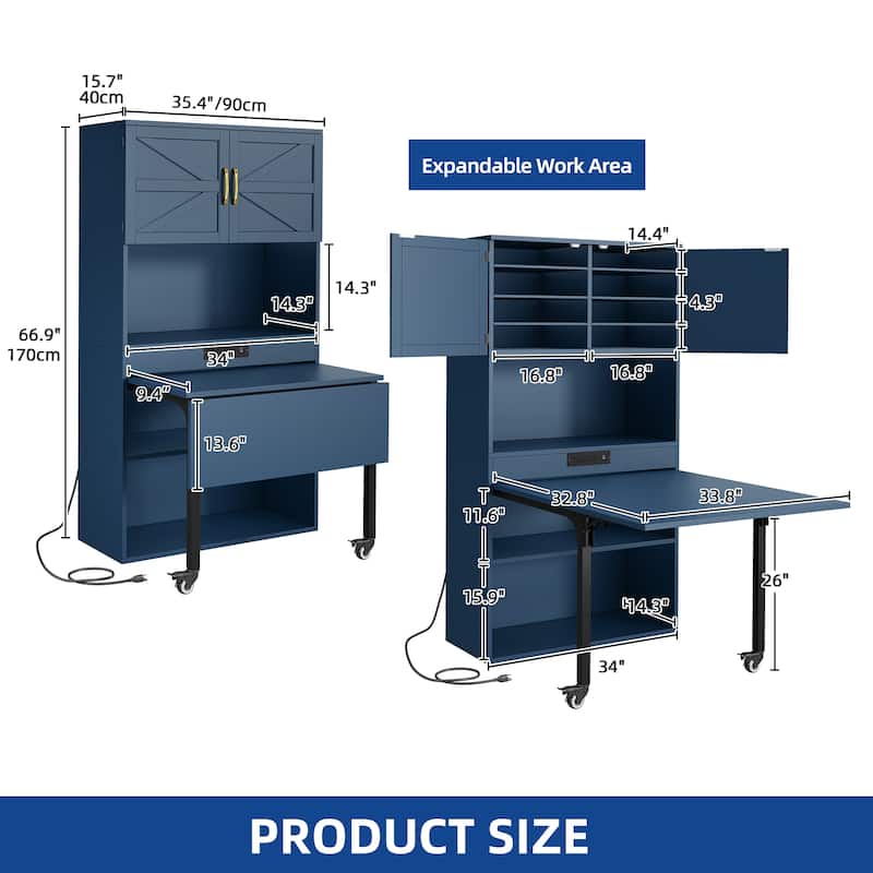 Moasis Expandable Crafting Table with Storage, Artwork Sewing Table with Cabinet and Magnetic Doors & Power Outlets