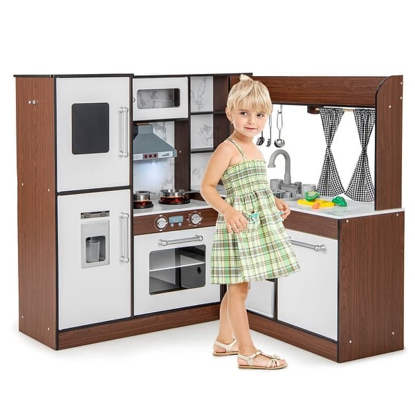 slide 2 of 10, Gymax Wooden Corner Play Kitchen w/ Lights & Sounds Water Circulation Brown - Kids