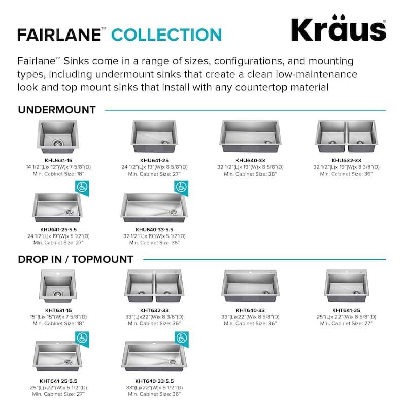 KRAUS Fairlane Undermount 18 Gauge Stainless Steel Kitchen Sink
