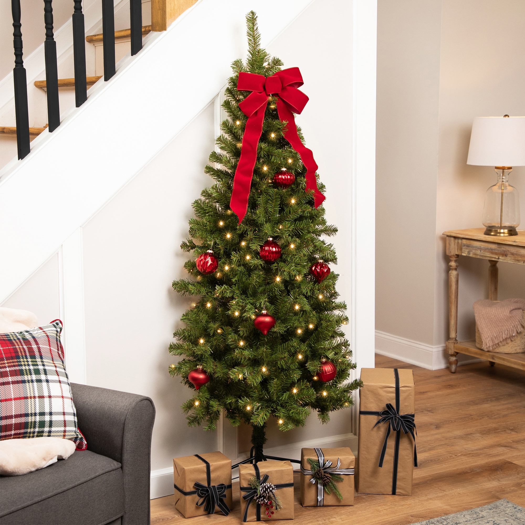 Pre-Lit Pine Artificial Wall Christmas Tree - 6' - Clear Lights - 6 Foot