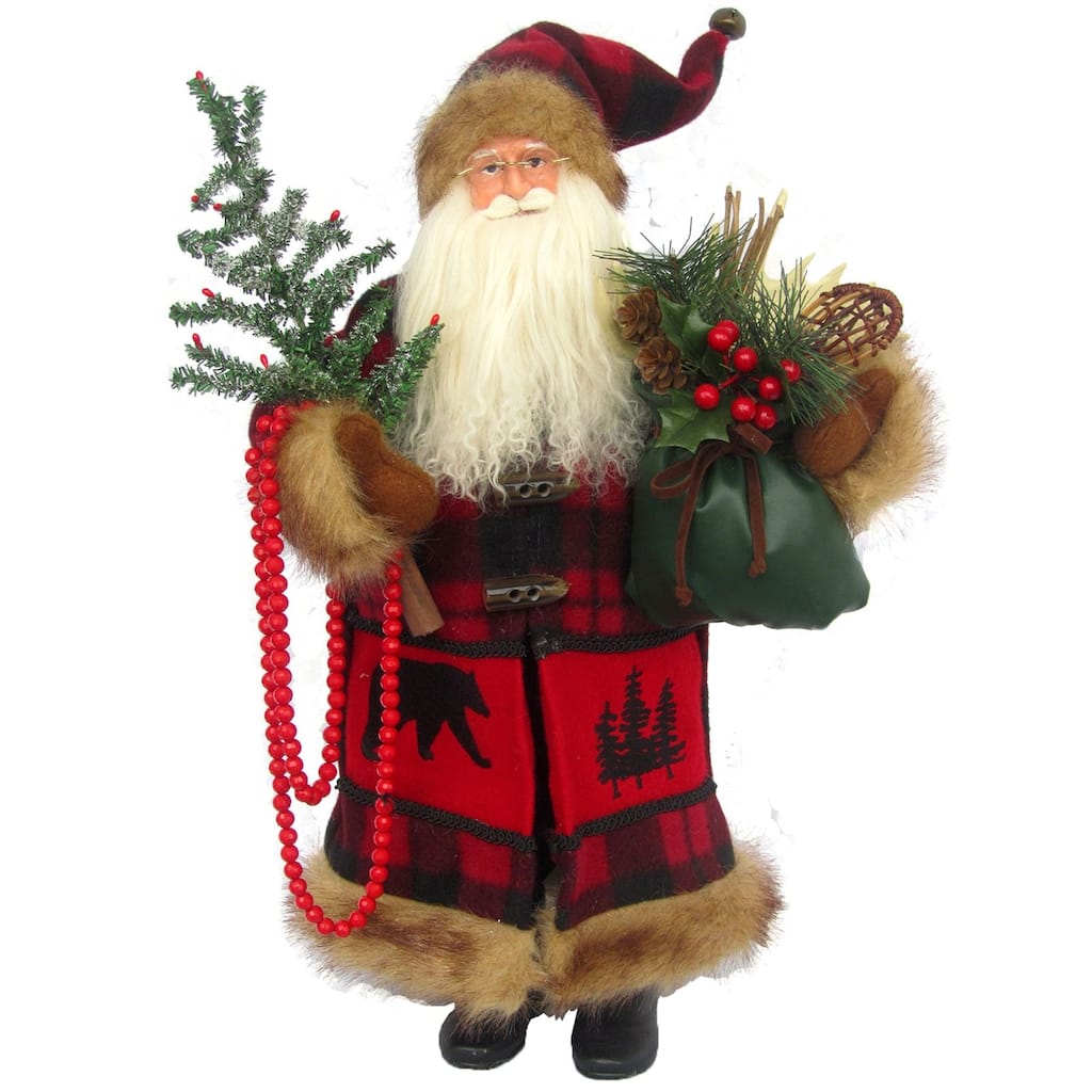 18" Standing Buffalo Plaid Santa Christmas Figure sack Christmas Tree
