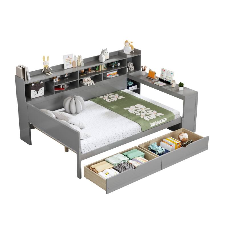 Wooden Full Daybed with Storage Shelves, Multi-functional Bed with Two Storage Drawers and Study Desk - Gray - Full