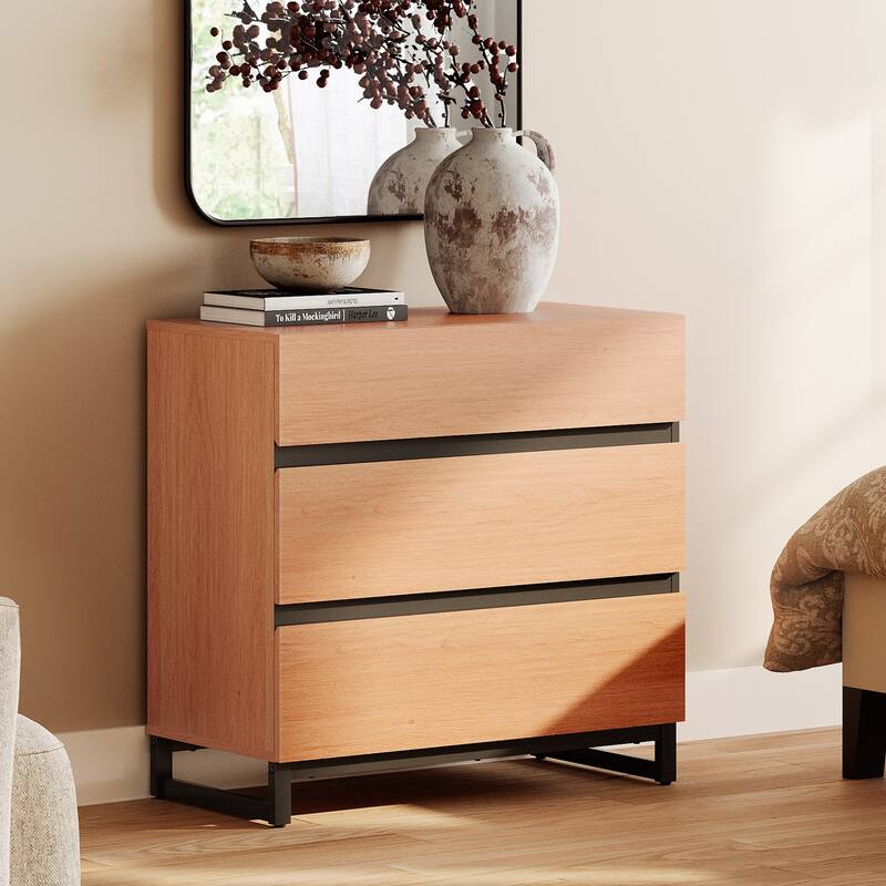 WAMPAT Nightstand with 3 Drawers for Bedroom, Modern Bedside Table with Black Square Iron Leg, Wood Rustic Side Table