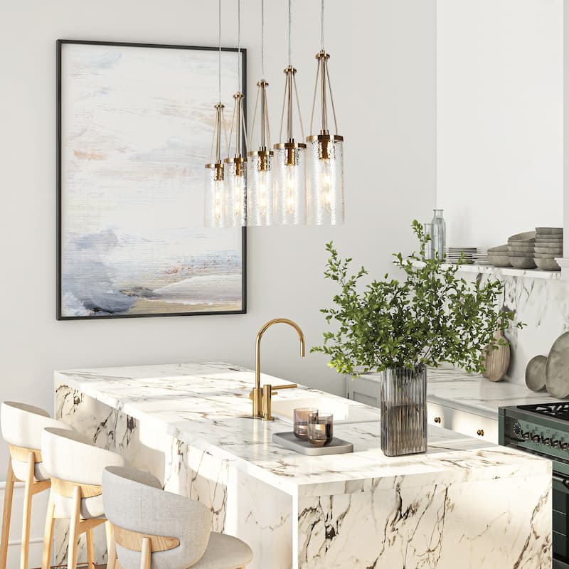 Modern 5-Light Gold Cylinder Glass Chandelier Linear Island Lights for Dining Room - L41.3" x H82.2" Max