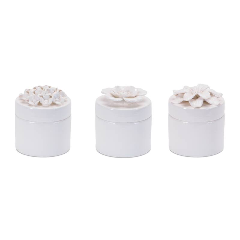 Cylindrical Decorative Boxes with Floral Lid - 4.5" - Set of 3