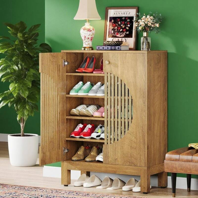 Natural 5-Tier Shoe Cabinet with Adjustable Shelves and Louver Doors for Entryway Storage - 28.74”L x 13.78”W x 39.76”H
