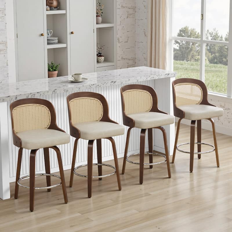 26" Upholstered Swivel Counter & Bar Stool with Rattan Back - 37.4"H x 19.09"W x 19.88"D