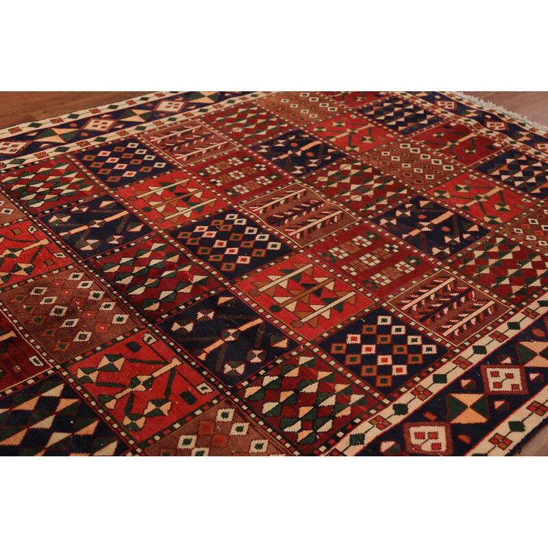 Red Geometric Bakhtiari Persian Vintage Rug Handmade Wool Carpet - 6'9" x 9'4"