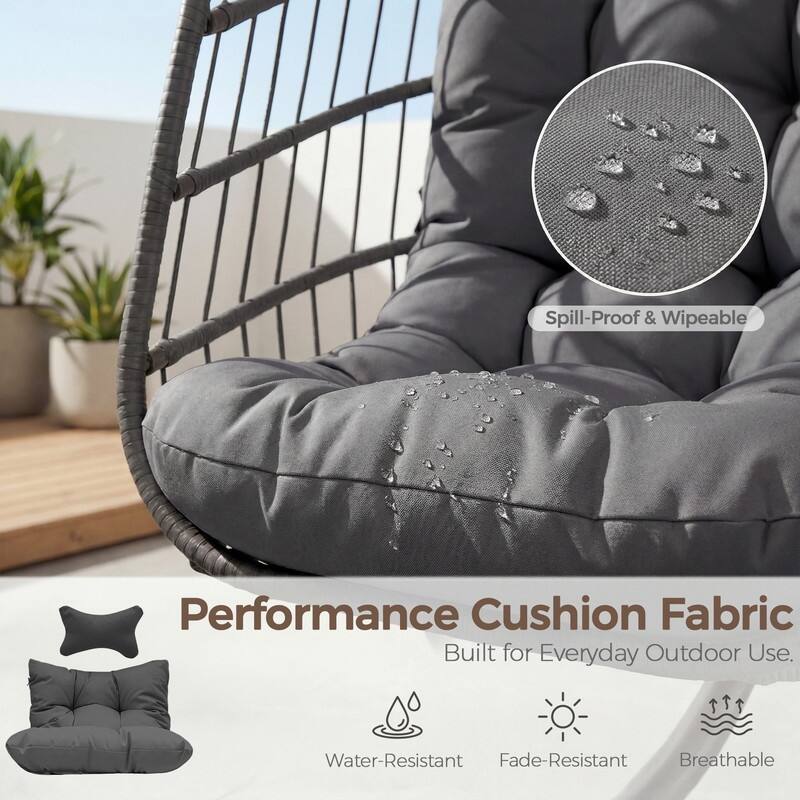 Oversized Wicker Hanging Egg Chair with Stand, Outdoor Indoor Swing Chair with Cushion, 350 lb Capacity