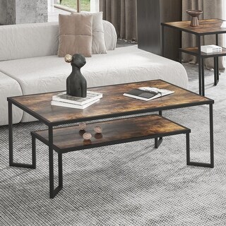Dual Tier Coffee Table with 2-Tier Wood Storage Shelf for Living Room ...