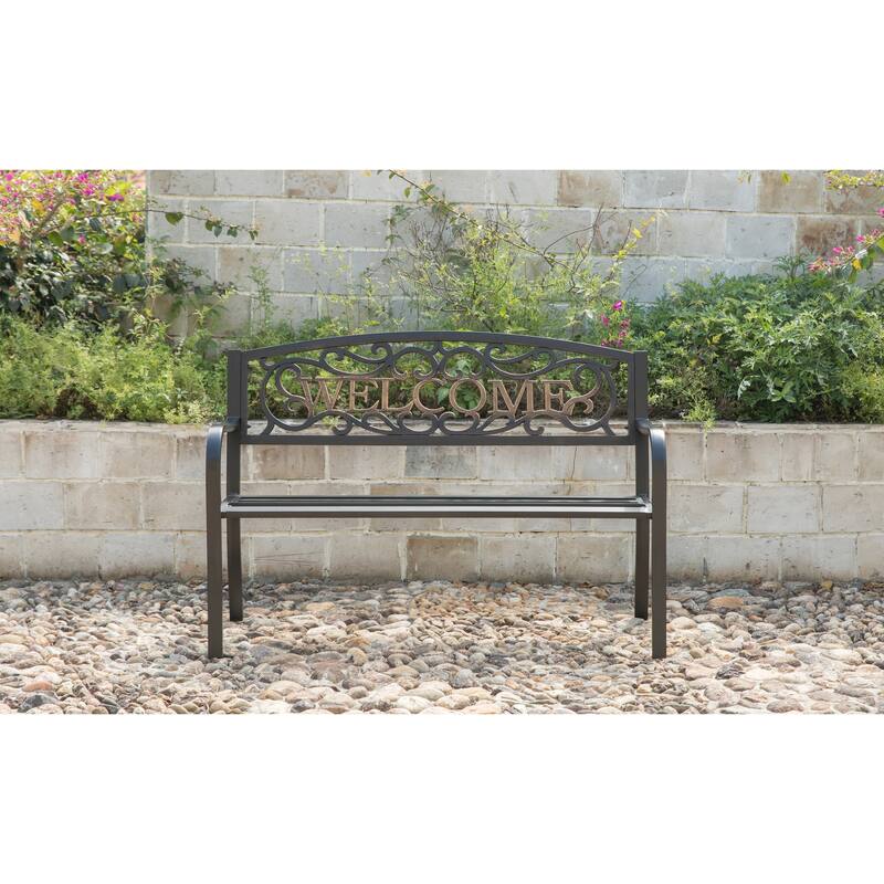 Steel Outdoor Patio Garden Park Seating Bench with Cast Iron "Welcome" Backrest, Front Porch Yard Bench Lawn Decor