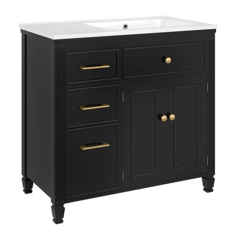 36" Bathroom Vanity w/ Ceramic Sink, Freestanding Bathroom Vanity Cabinet w/ 3 Side Drawers, 1 Tip-out Drawer & Adjustable Shelf