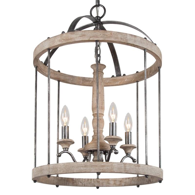 Modern Farmhouse 4-Light Wood Chandelier Cage Pendant Lights for Dining Room - D16" x H22.5"