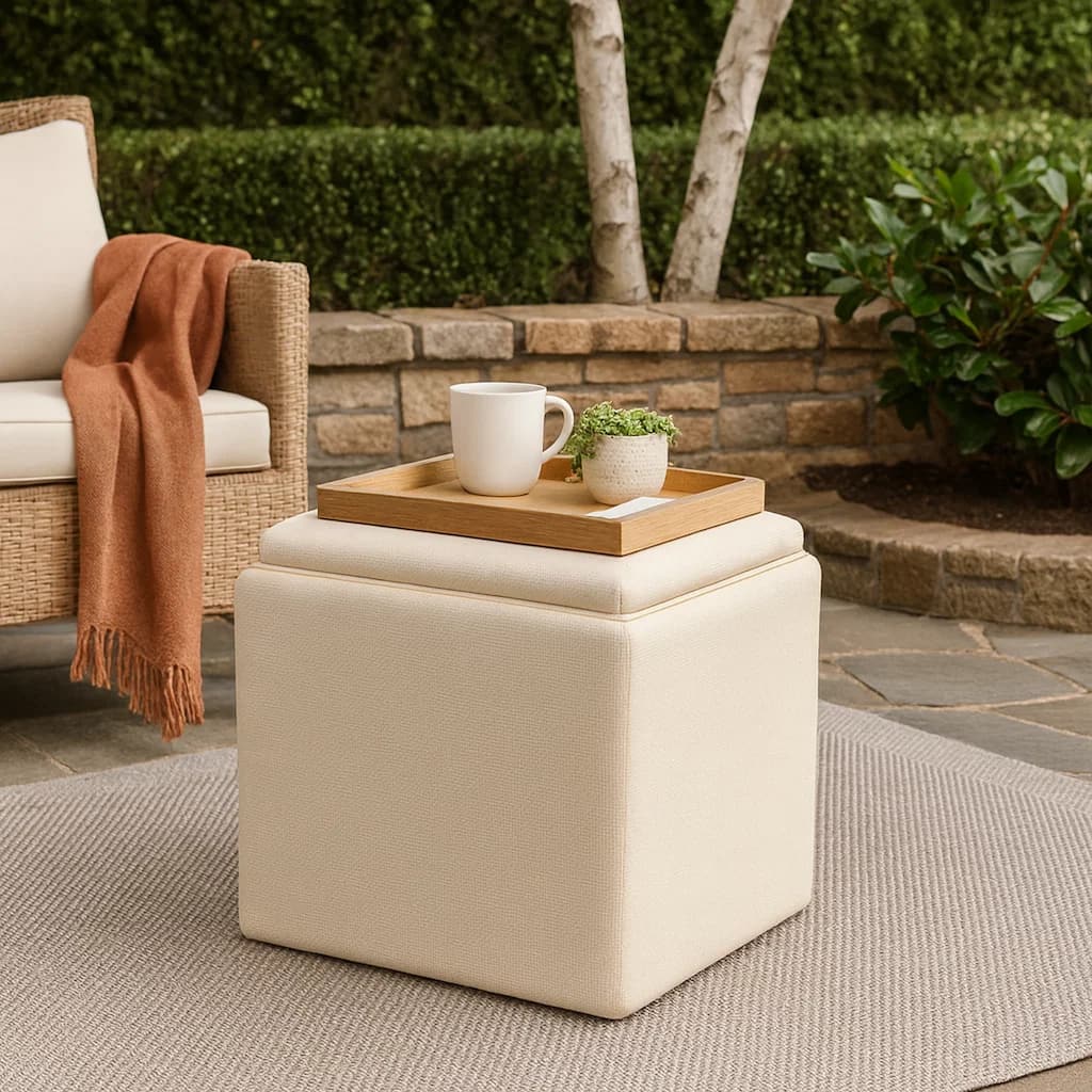 Soa Storage Ottoman, 18 Inch Square Tray Top, Beige Woven Fabric