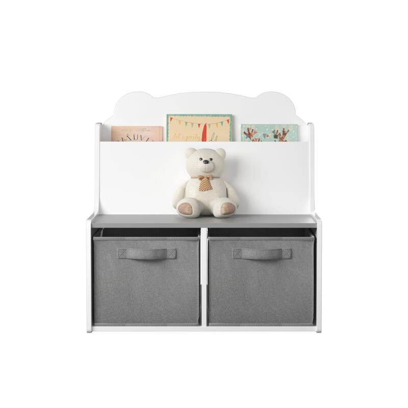 Kids Bookshelf with 2 Fabric Storage Bins-Wooden Bookcase with Book Display Shelf,Cute Bear-Shaped Backboard,Toy Organizer