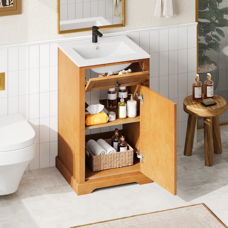 20" Bathroom Vanity with Integrated Ceramic Sink & Soft-Closing Door - Brown