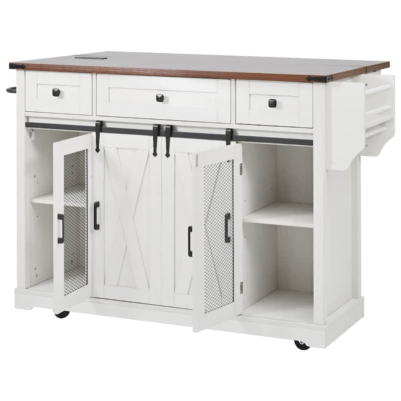 58" Farmhouse Kitchen Island with Sliding Barn Door, Drop Leaf & Storage, Mobile on 5 Wheels