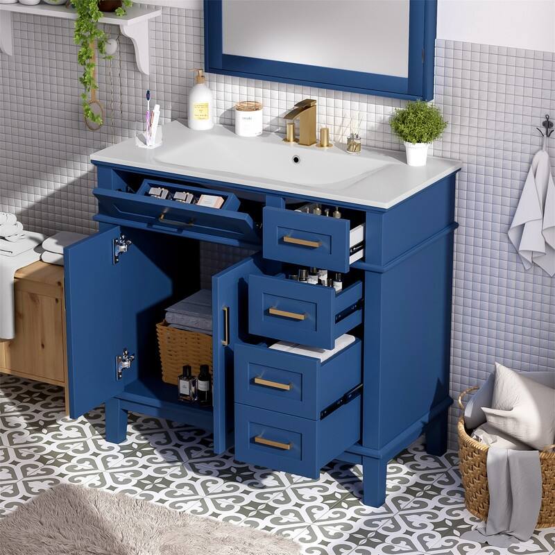36" Bathroom Vanity with Ceramic Sink, Freestanding Bathroom Vanity Cabinet with 2 Soft Close Doors and 4 Storage Drawers - Blue