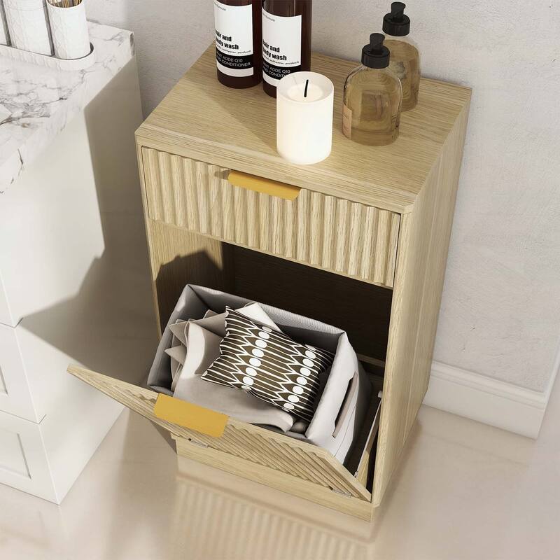 Tilt-Out Trash Can Cabinet with Wave-Textured Hideaway Drawer and Pull-Out Bin,for Living Room