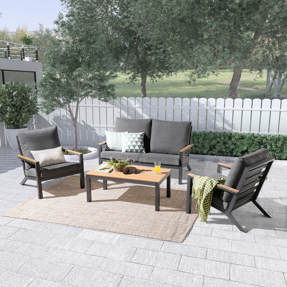 Vermont 4-Piece Aluminum Conversation Set with Slatted Faux Wood Top