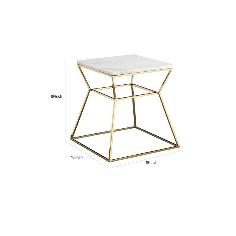 Lio 18 Inch Side End Table, White Marble Top, Gold Open Hourglass Frame
