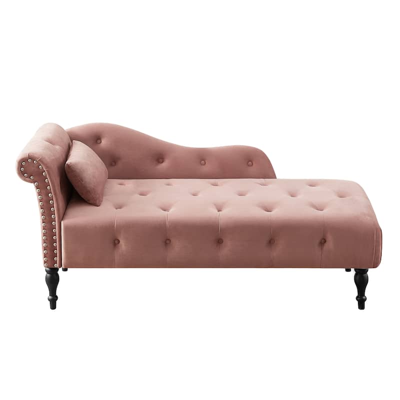 60.6"Velvet Chaise Lounge Buttons Tufted Nailhead Trimmed Solid Wood Legs with 1 Pillow(Left Arm Design as Shown in the Picture)