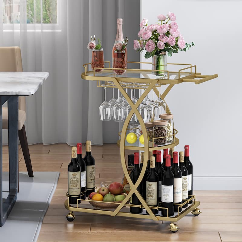 Myhozm Metal Glam Bar Cart with Glass Shelves and Wine Rack - Gold