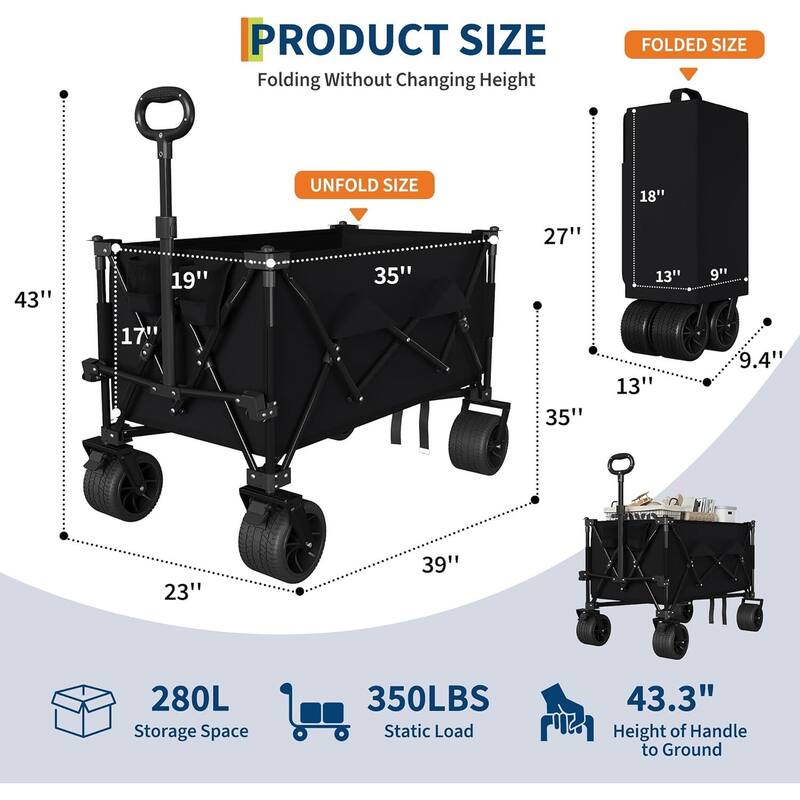Outdoor Collapsible Folding Wagon Cart, 350lbs Capacity for Beach, Camping, Garden