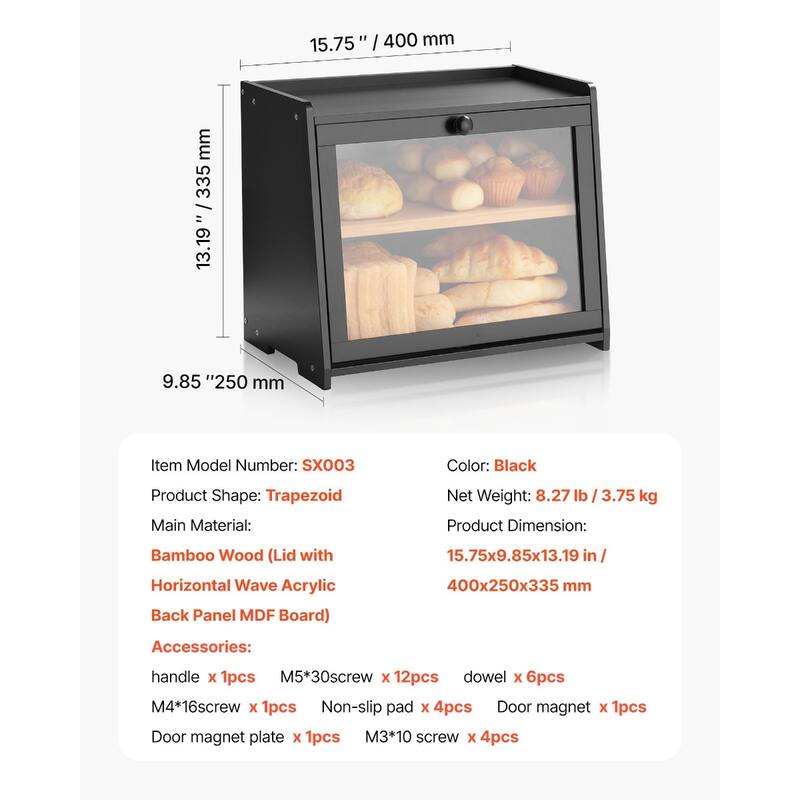 Black Two-Tier Wooden Trapezoid-Shaped Bread Box with Knife and Cutting Board for Kitchen Counter - 15.75” x 9.85” x 13.19”