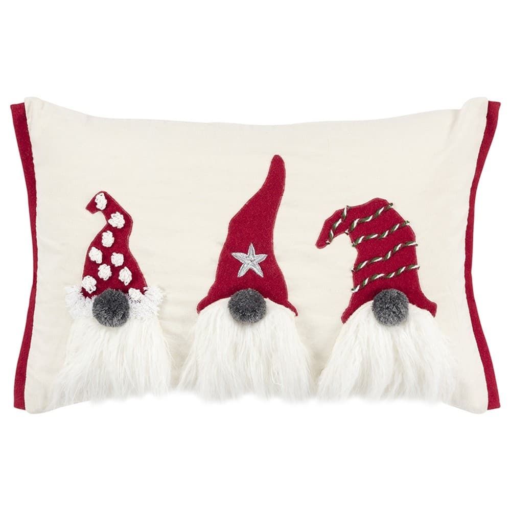HomeRoots 14" X 20" Red And Ivory Cotton Christmas Gnomes Throw Pillow With Embroidery