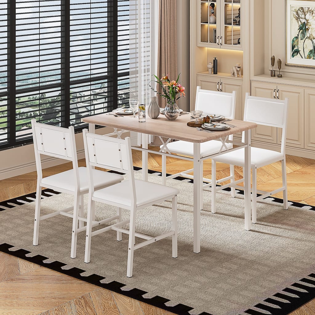 Javlergo 5-Piece White Frame Dining Set with Oak MDF Top PU Leather Chairs with Foam Padding Space Saving for Small Spaces
