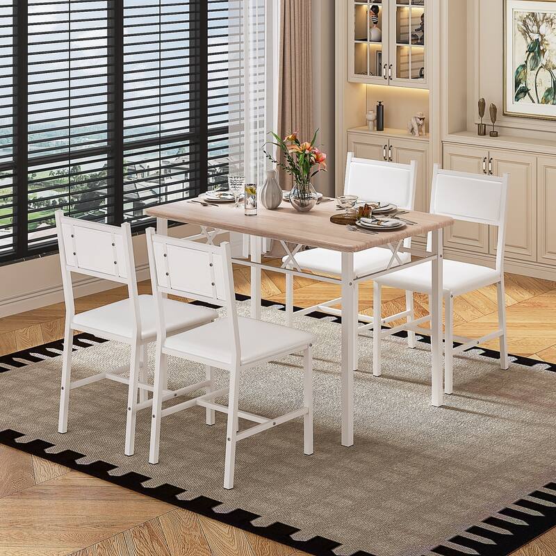 Javlergo 5-Piece White Frame Dining Set with Oak MDF Top PU Leather Chairs with Foam Padding Space Saving for Small Spaces - White