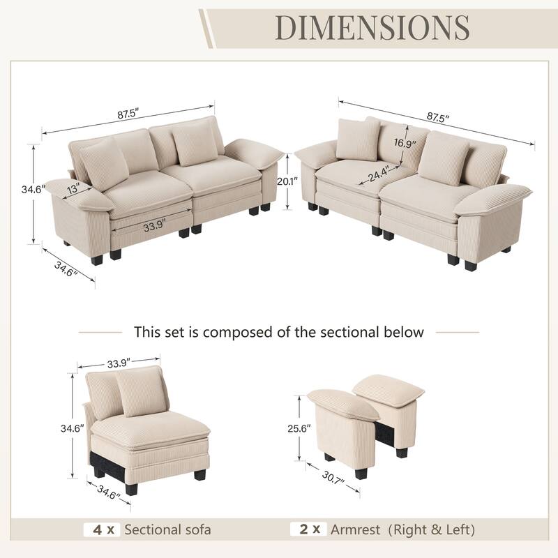 MAISON ARTS 2-Piece Chenille & Corduroy Sofa Set, Comfy 3/4/5-Seater Modular Loveseat & Armchair with Throw Pillows