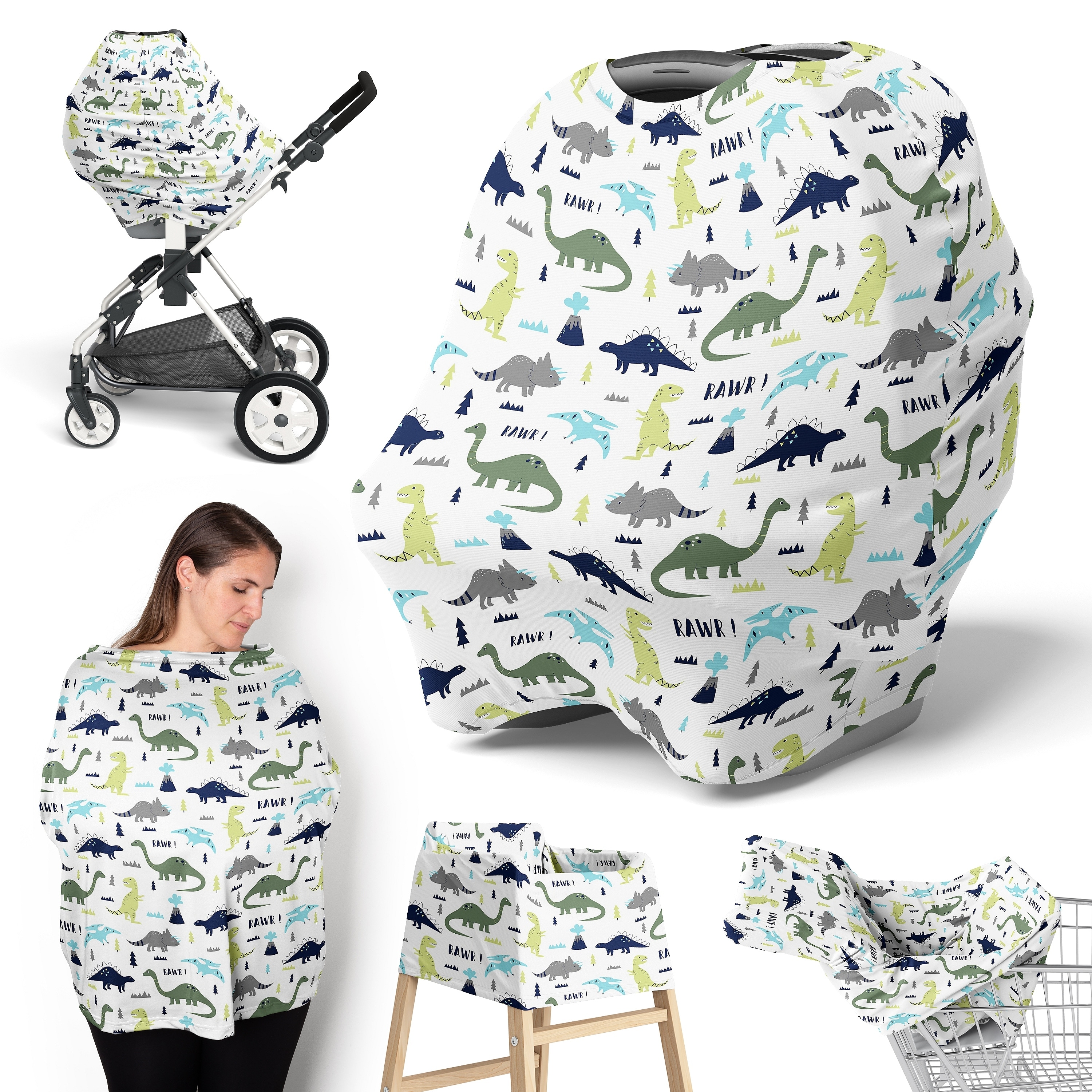 Sweet Jojo Designs Blue Green Dinosaur Boy 5 in 1 Baby Car Seat Nursing Cover Turquoise Green Modern Boho White Mod Dinosaurs