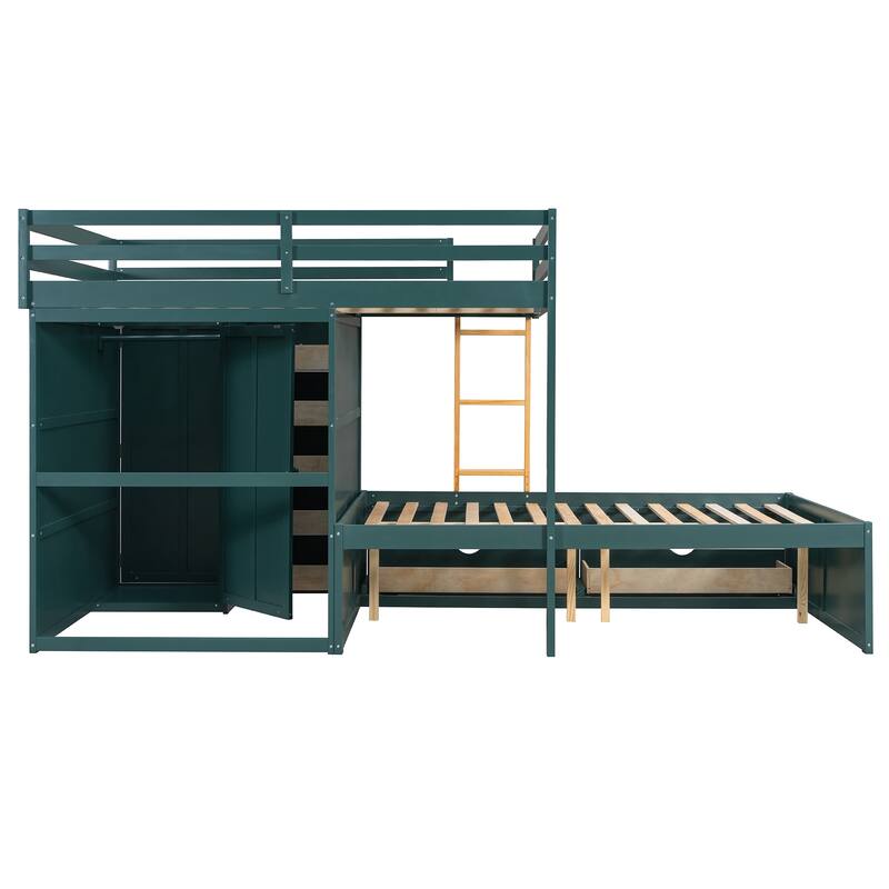 Roomfitters Full Size Bunk Bed with Drawers and Mini Wardrobe, Solid Wood