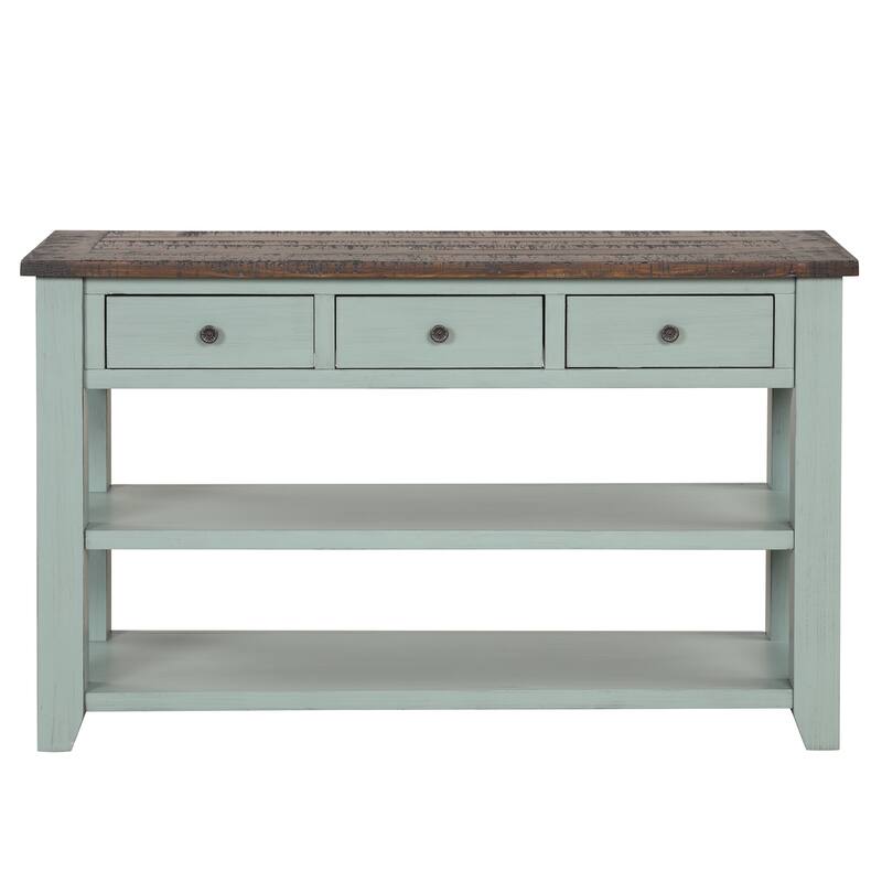 Solid Pine Wood Top Console Table with 3 Drawers and 2 Shelves