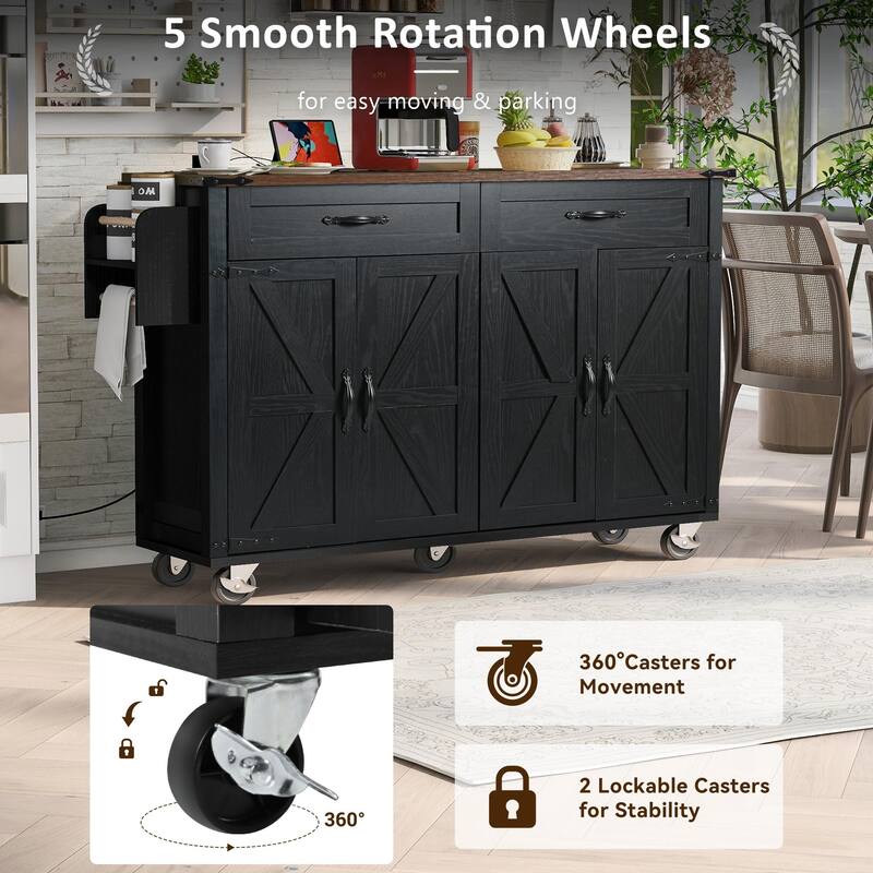 53.5" Rolling Farmhouse Kitchen Island Cart with Drop Leaf, Charging Station, Storage Cabinet, Spice Rack, and Drawer