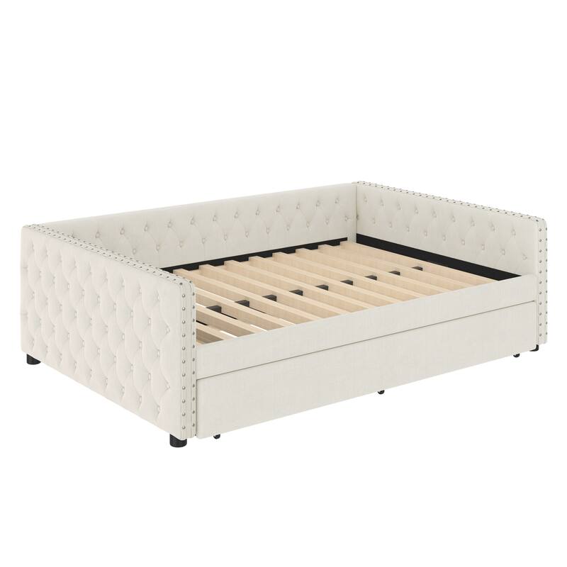 Full Size Linen Fabric Daybed with Button and Copper Nail on Square Arms, Upholstered Tufted Sofa Bed with Twin Trundle