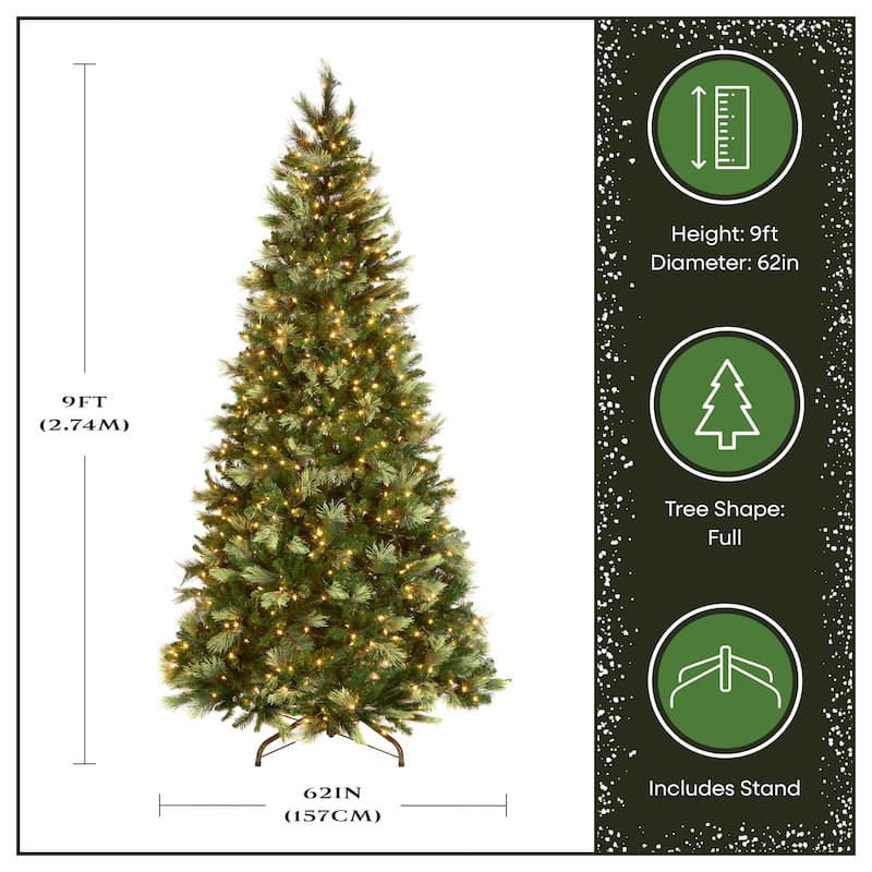 National Tree Company 9 ft Pre-Lit Charleston Pine Artificial Christmas Tree with 600 Clear Lights, Includes Metal Stand