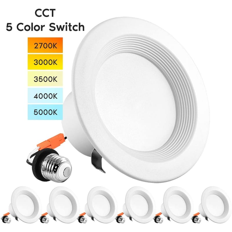Luxrite 4" LED Recessed Can Lights, Color Selectable 2700K | 3000K | 3500K | 4000K | 5000K, Dimmable, 750 Lumens, 6-Pack - 5 Color Temperature Selectable
