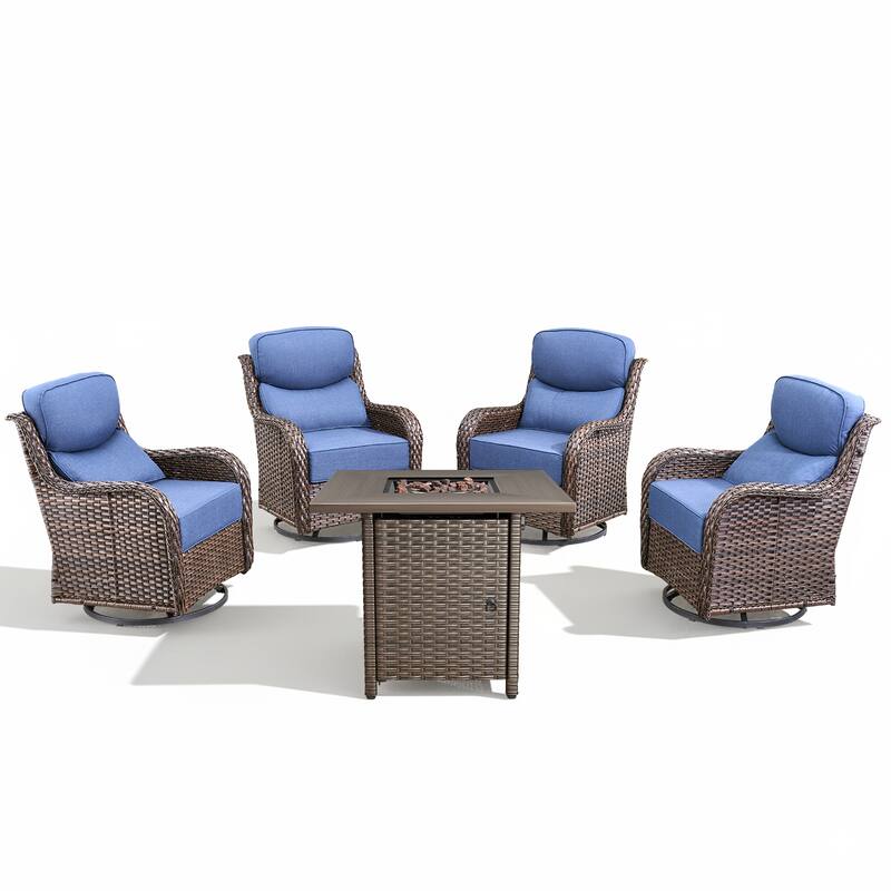 Arcadia 5-Piece Patio Conversation Set with 4 Swivel Glider Chairs and Wicker Square Fire Pit