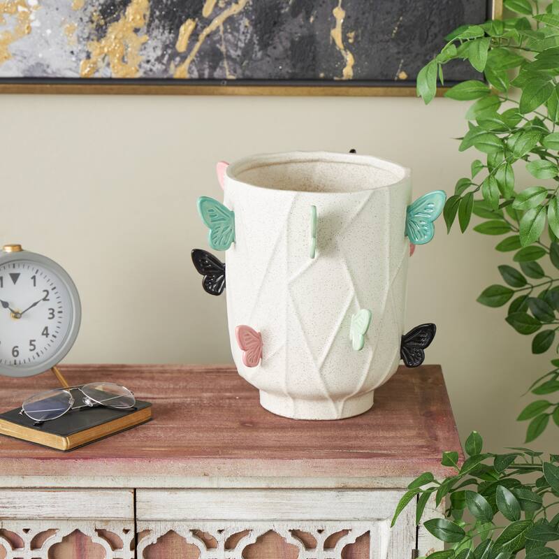 White Ceramic Wide Butterfly Decorative Vase with Multicolor Accents - White - 11"W, 11"H