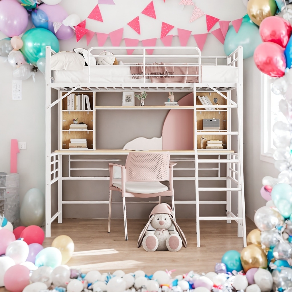 Twin Size Loft Bed with Desk and Shelf, Loft Bed with Ladder,Bookshelf,Loft Bed with Desk with 3 Storage Shelves,White