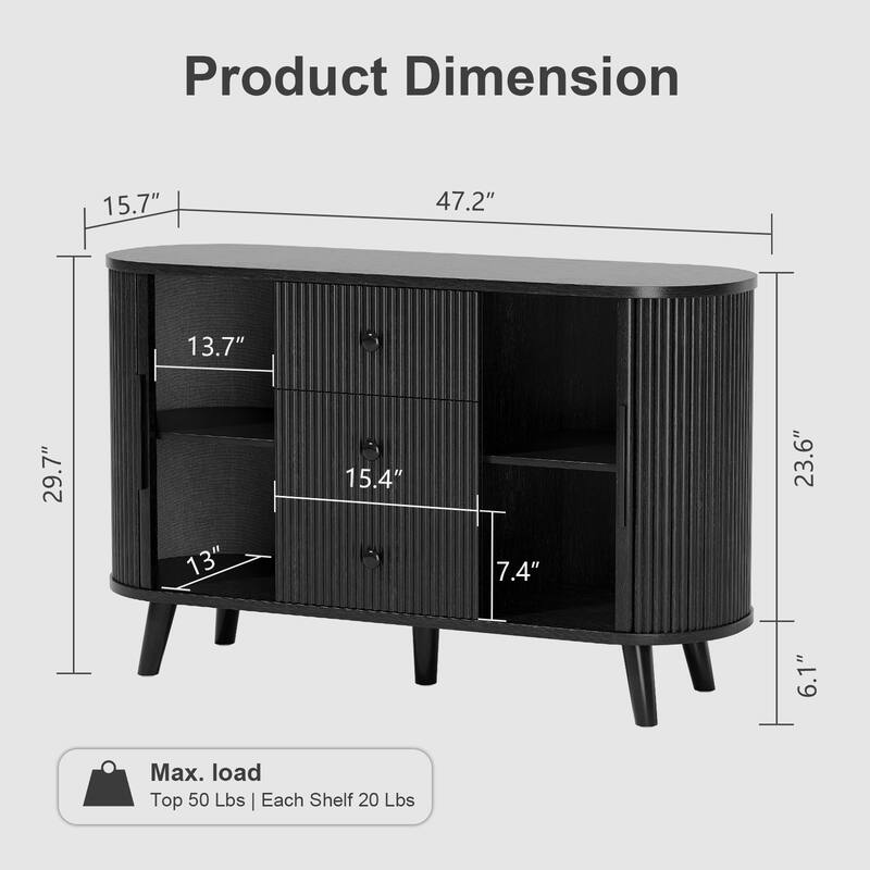 Fluted Sideboard Buffet Cabinet with Tambour Sliding Doors, Modern Coffee Bar Console with Storage & Adjustable Shelves