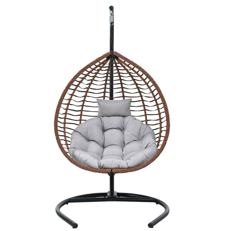 Foldable Rattan Hanging Hammock Chair with Stand and Plush Cushion for Indoor and Outdoor