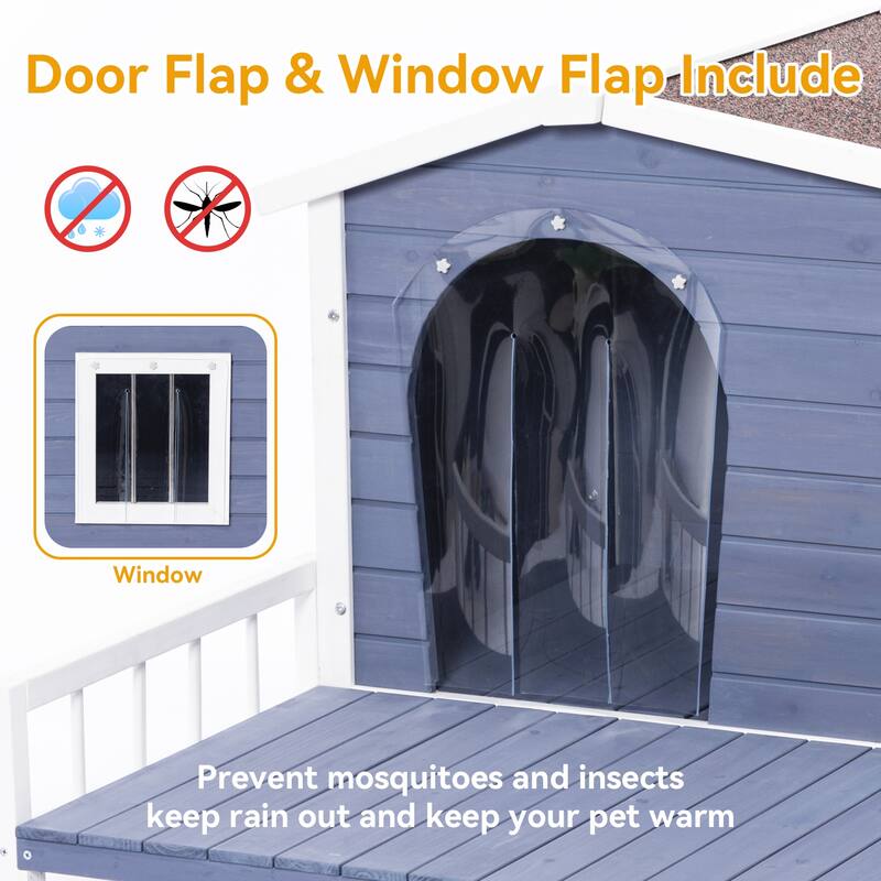 Large Wooden Dog Room Dog Kennel Indoor Outdoor with Raised Floor Windows and Door Curtains Dog House