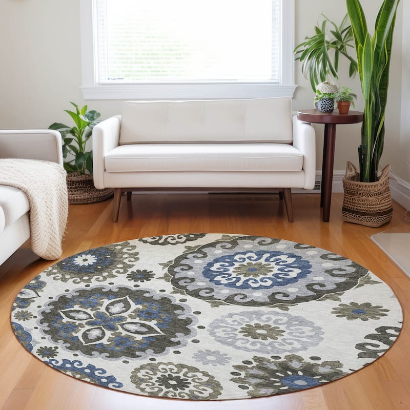 Premium Washable Super Soft Boho Suzani Mayfield Rug - Pewter - 8' x 8' - Round