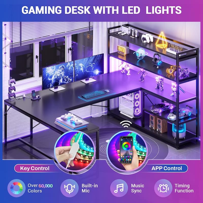 L Shaped Desk Gaming Desk 3 Fabric Drawers 5 Storage Shelves