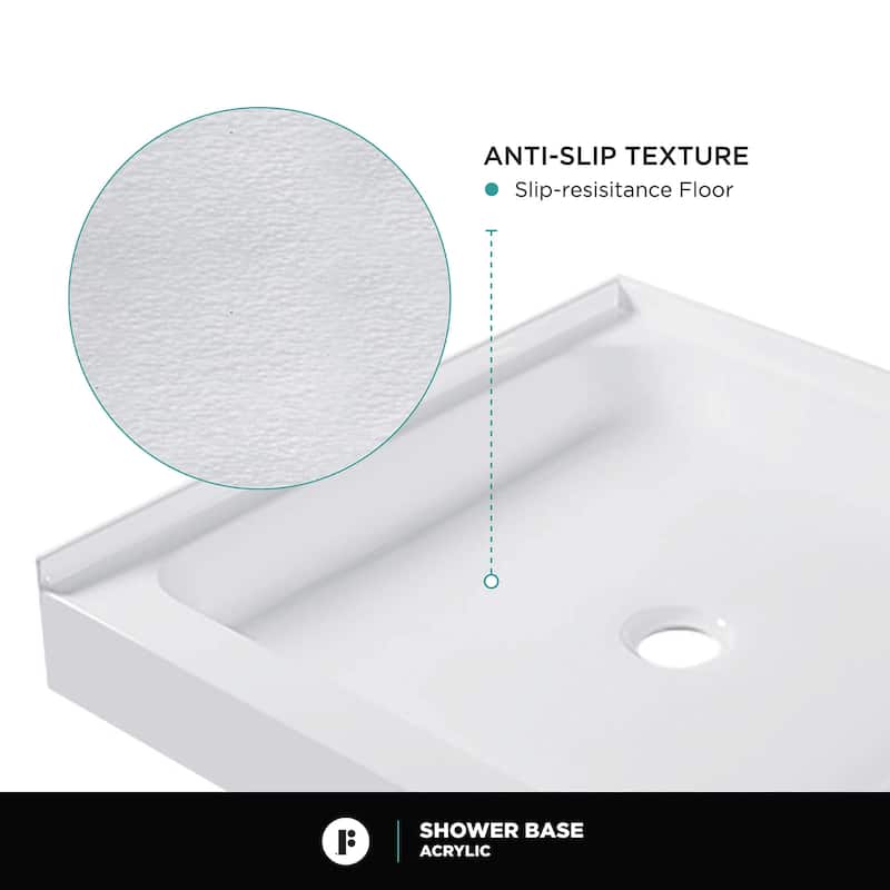Fine Fixtures Double Threshold Acrylic Shower Base - Non-Slip Textured Surface Shower Floor Pan in White